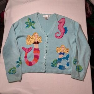 Vtg Thyme Mermaid Sequin Embroidered Button Up Cardigan Sweater Blue Size M